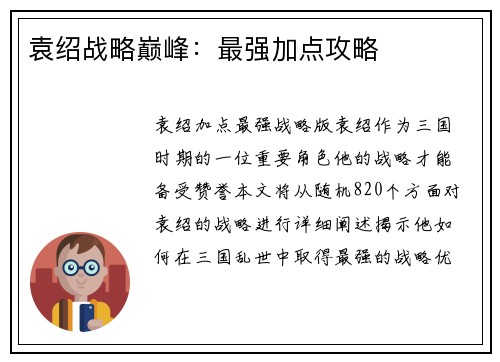 袁绍战略巅峰：最强加点攻略